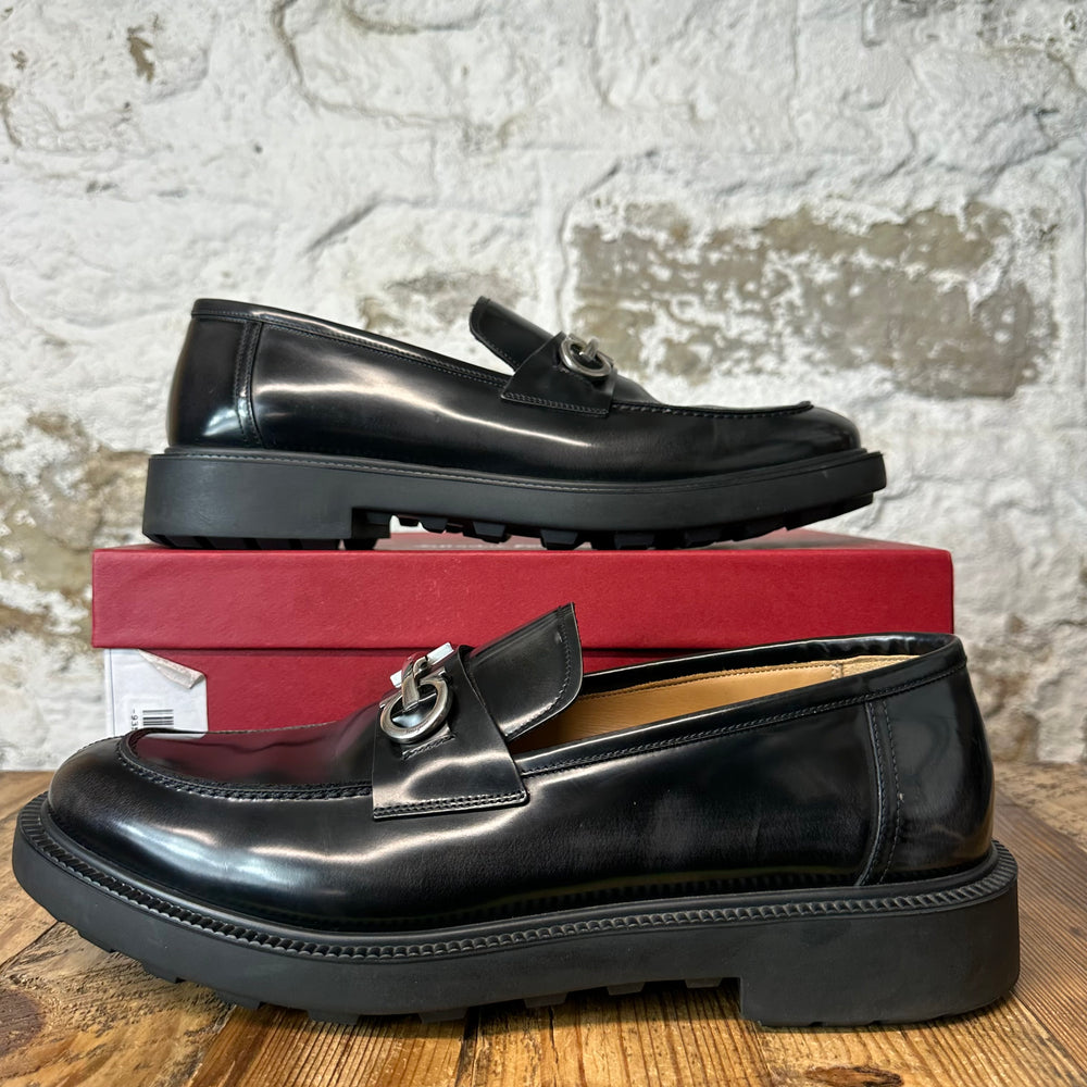 Ferragamo Gancini Buckle Black Leather Loafer Sz 13