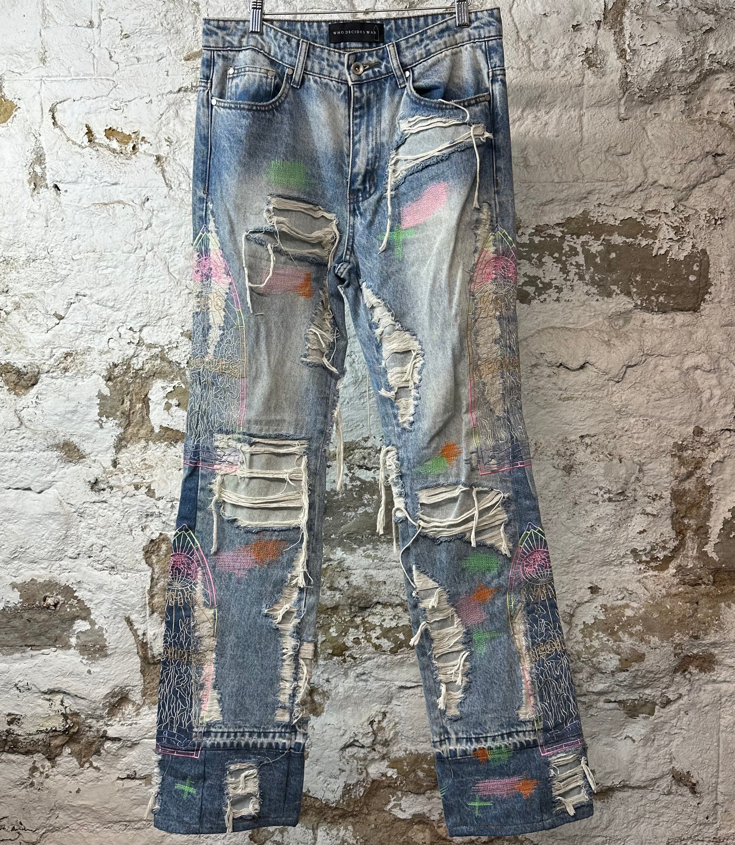 Who Decides War Multicolor Stained Glass Blue Denim Jeans Sz 30