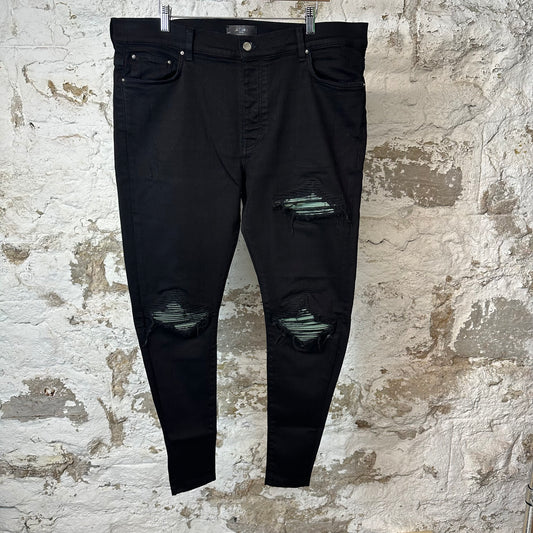 Amiri MX1 Green Suede Black Denim Jeans Sz 38 (Tailored)