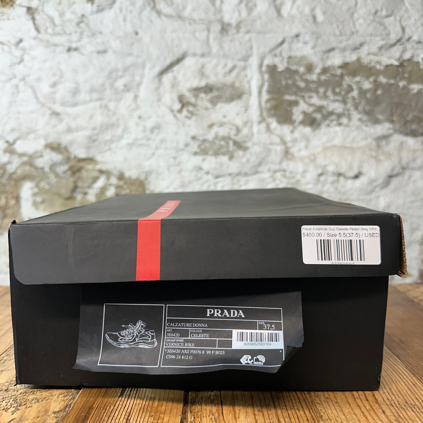 Prada Americas Cup Celeste Patent Grey White Sneaker Sz 5.5 (37.5)