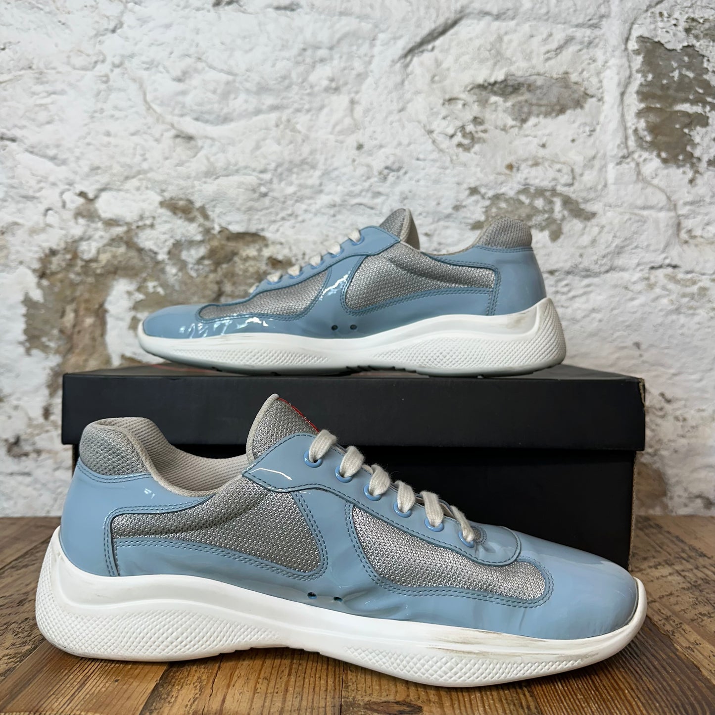Prada Americas Cup Baby Blue Patent Gray White Sneaker Sz 9.5