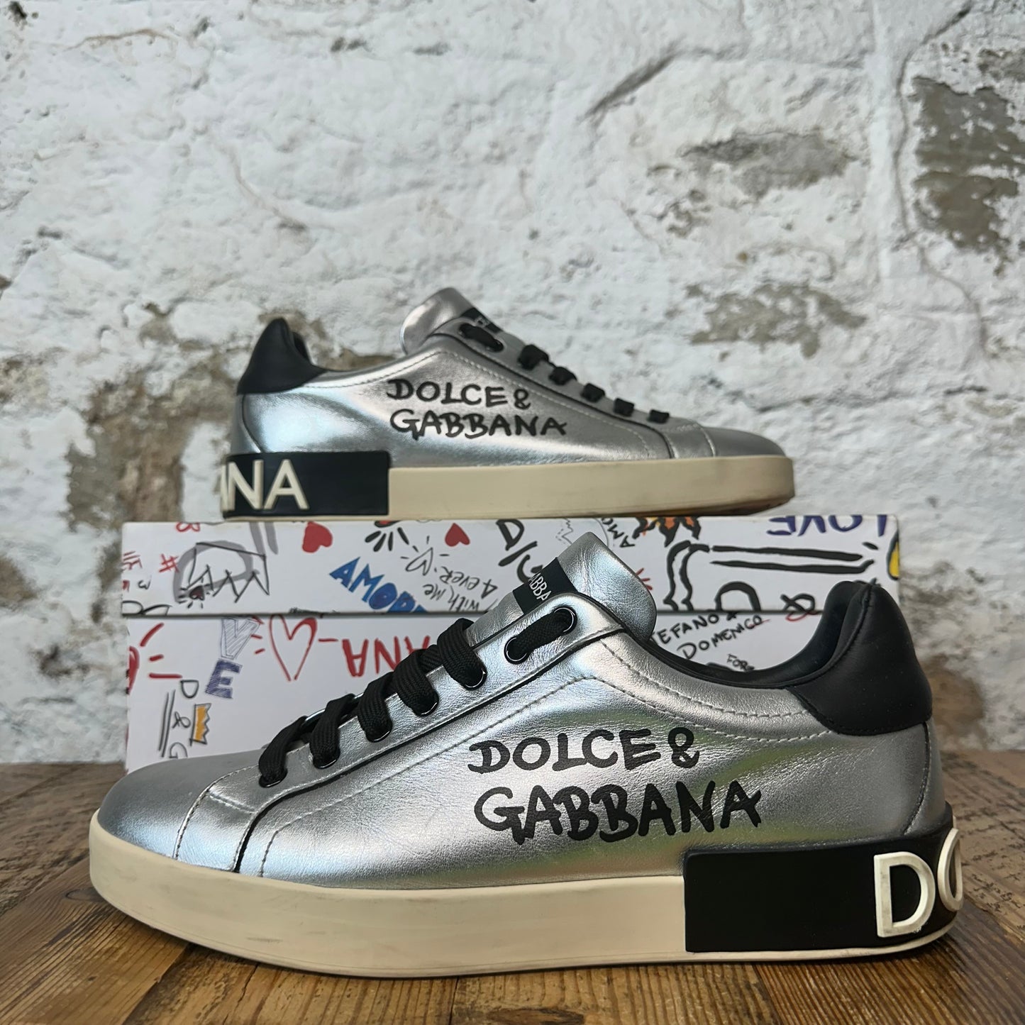 Dolce Gabanna Silver Black Cream Portofino Sneaker Sz 8.5