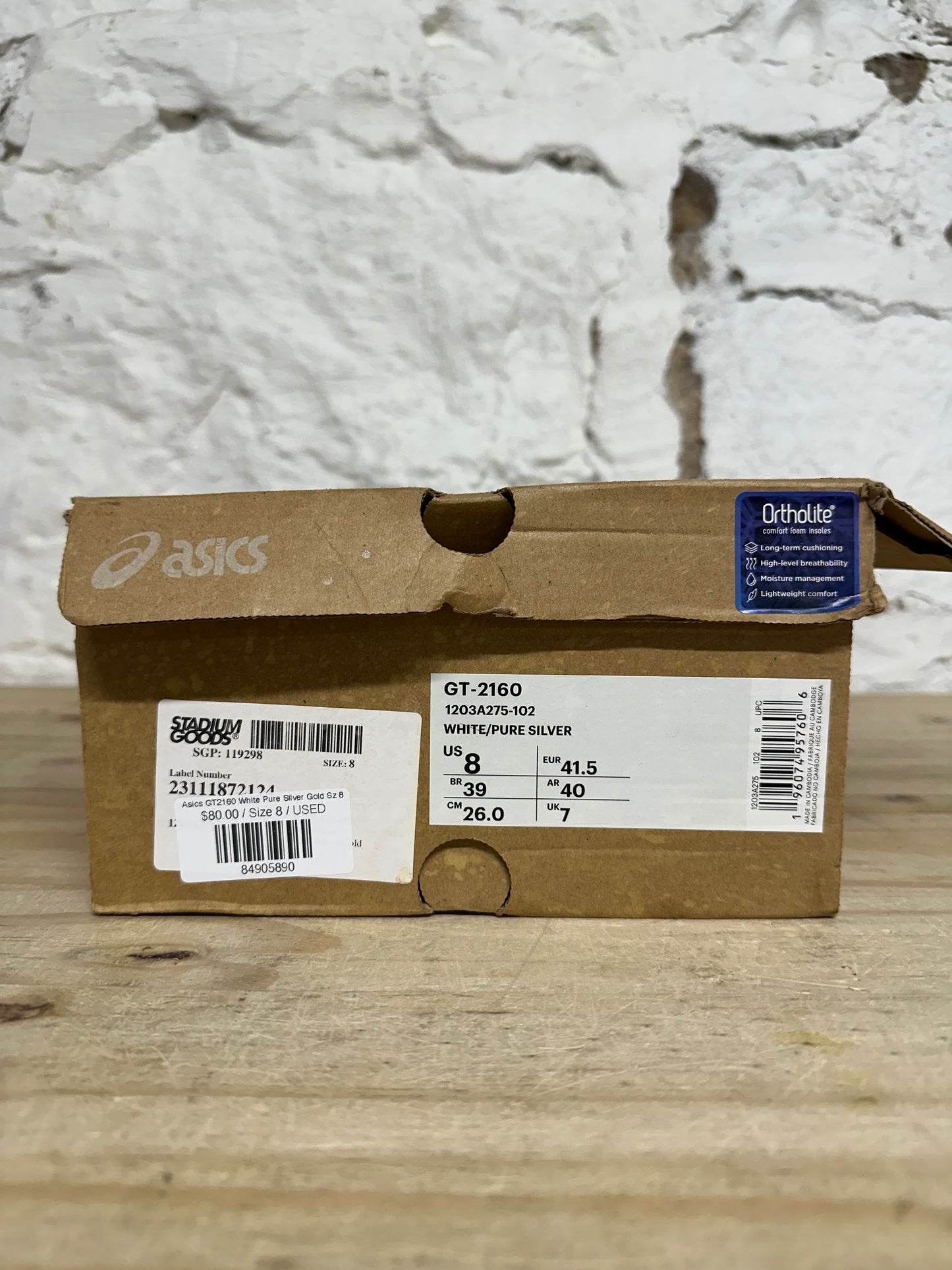 Asics GT-2160 White Pure Silver Gold Sz 8