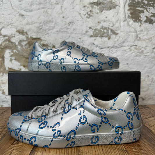 Gucci Blue GG Monogram Silver Ace Sneaker Sz 8