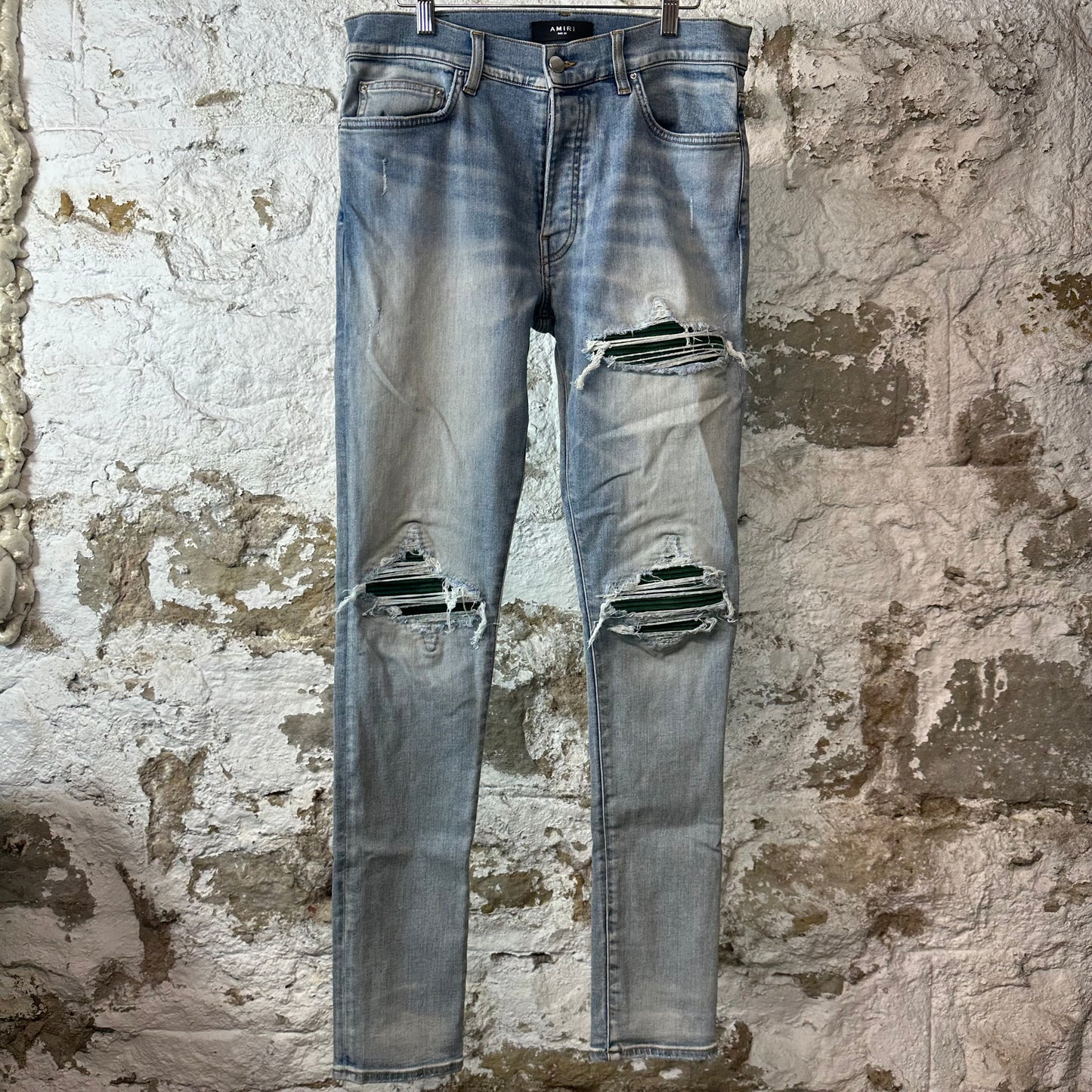 Amiri MX1 Green Suede Blue Denim Jeans Sz 32