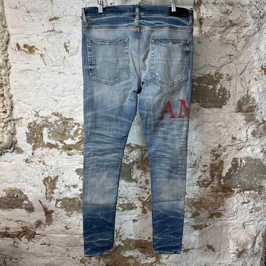 Amiri MX1 Red Suede Spell Blue Denim Jeans Sz 36