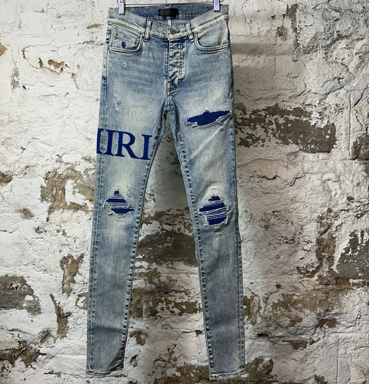 Amiri MX1 Blue Suede Spell Washed Blue Denim Jeans Sz 28