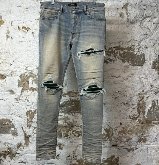 Amiri MX1 Dark Green Suede Blue Denim Jeans Sz 32