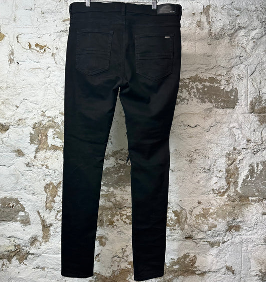 Amiri MX1 Black Leather Black Denim Jeans Sz 38