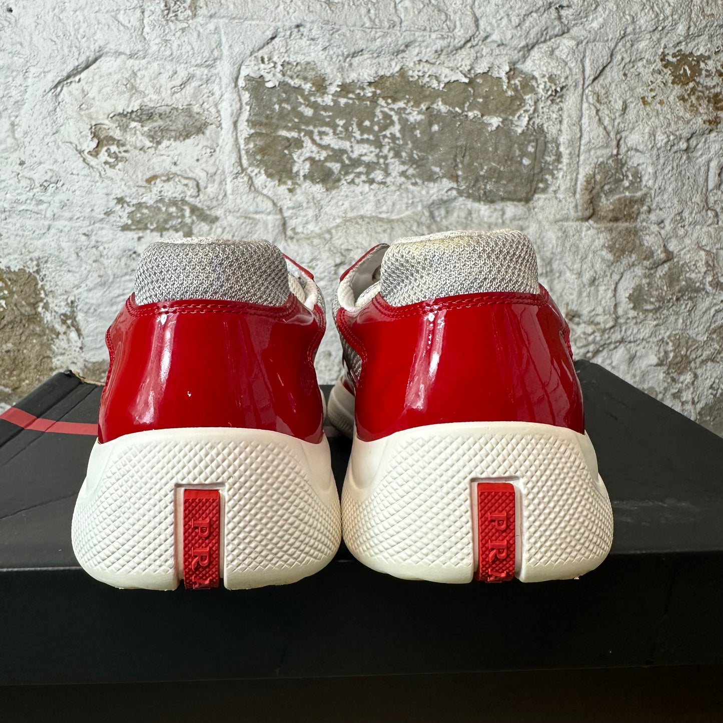 Prada Americas Cup Red Patent Grey White Sneaker Sz 7.5