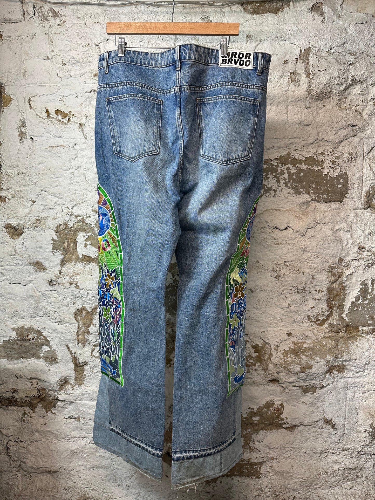 Who Decides War Stained Glass Patch Blue Denim Jeans Sz 40