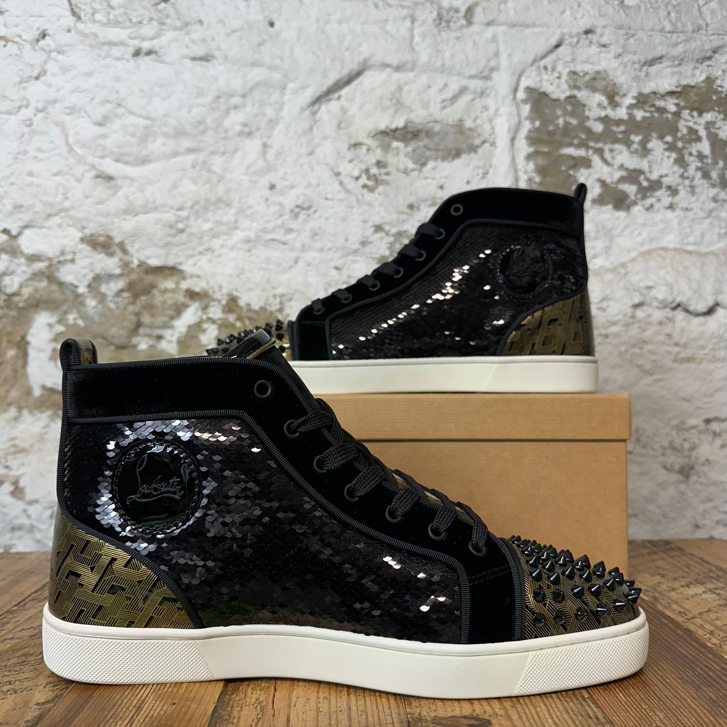 Christian Louboutin High Black Sequen Spike Sneaker Sz 11.5 (44.5) DS