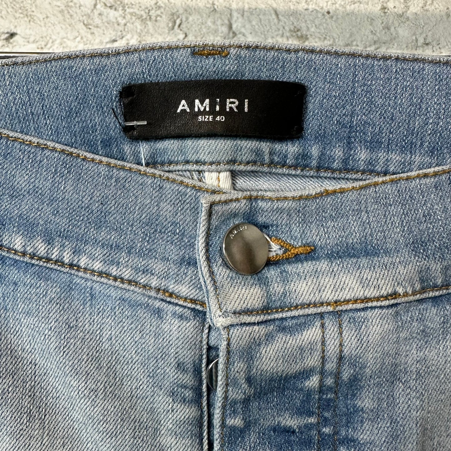 Amiri MX1 Camo Patch Lightwash Blue Denim Jeans Sz 40