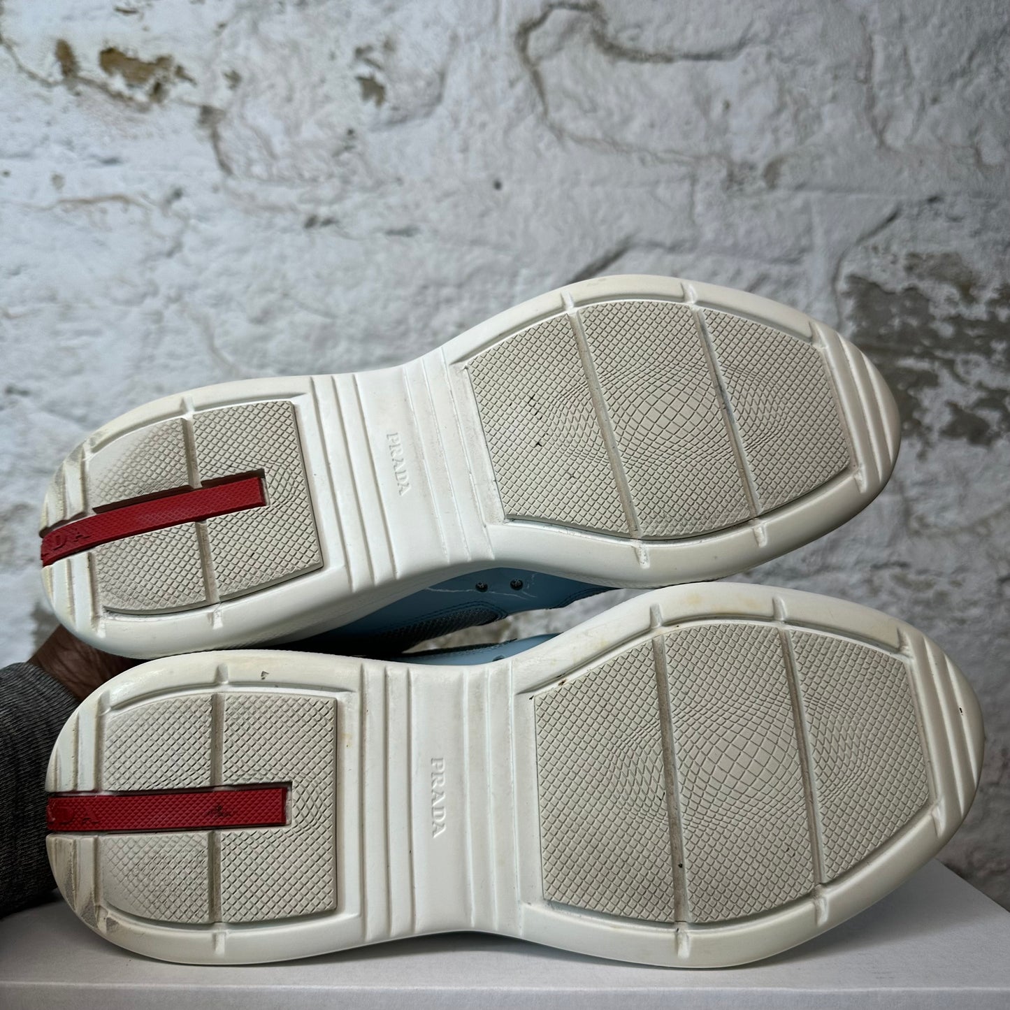 Prada Americas Cup Baby Blue Patent Grey White Sneaker Sz 9