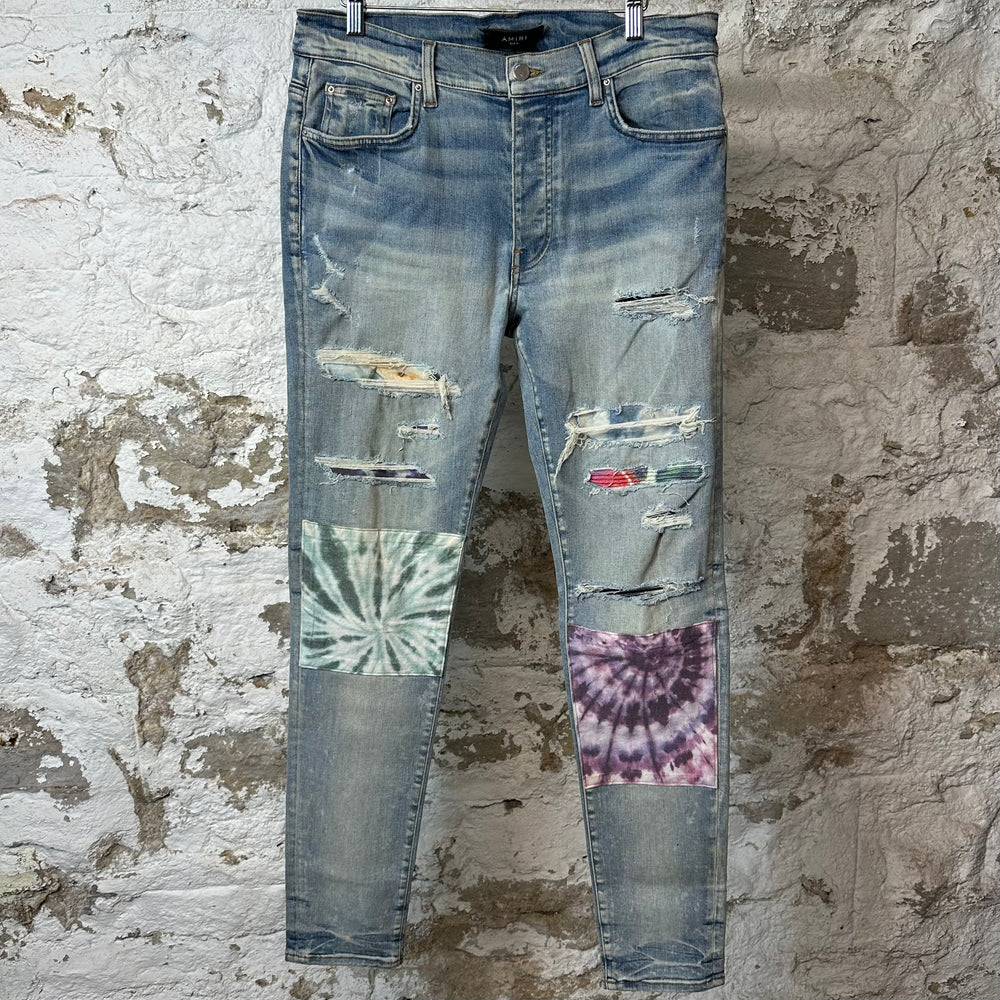 Amiri Tie Dye Patches Blue Denim Jeans Sz 34