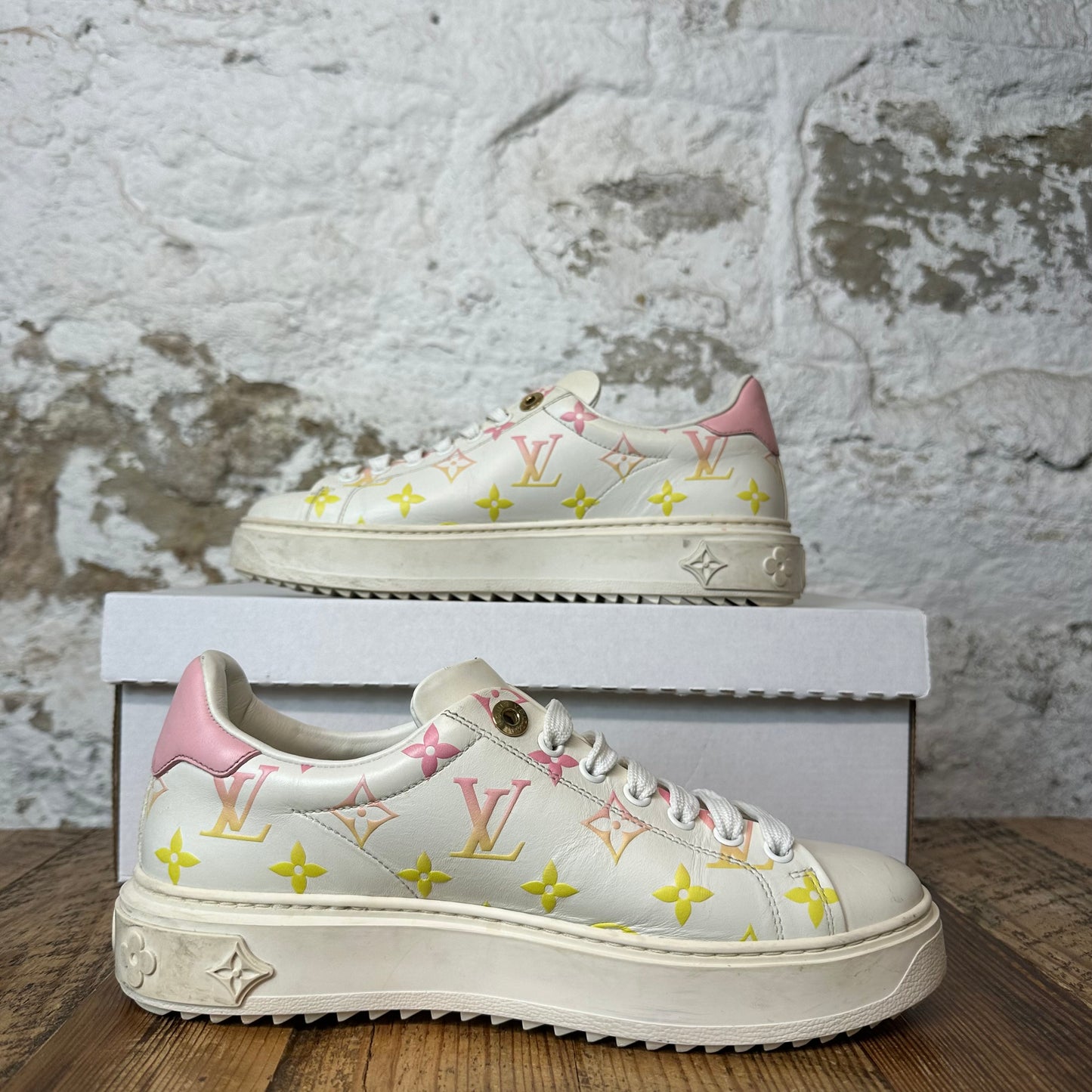 Louis Vuitton Pink Yellow Monongram Time Out White Sneaker Sz 6 (38)