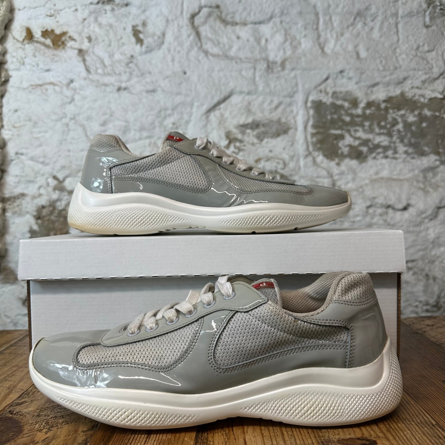 Prada Americas Cup Grey Patent White Sneaker Sz 7.5