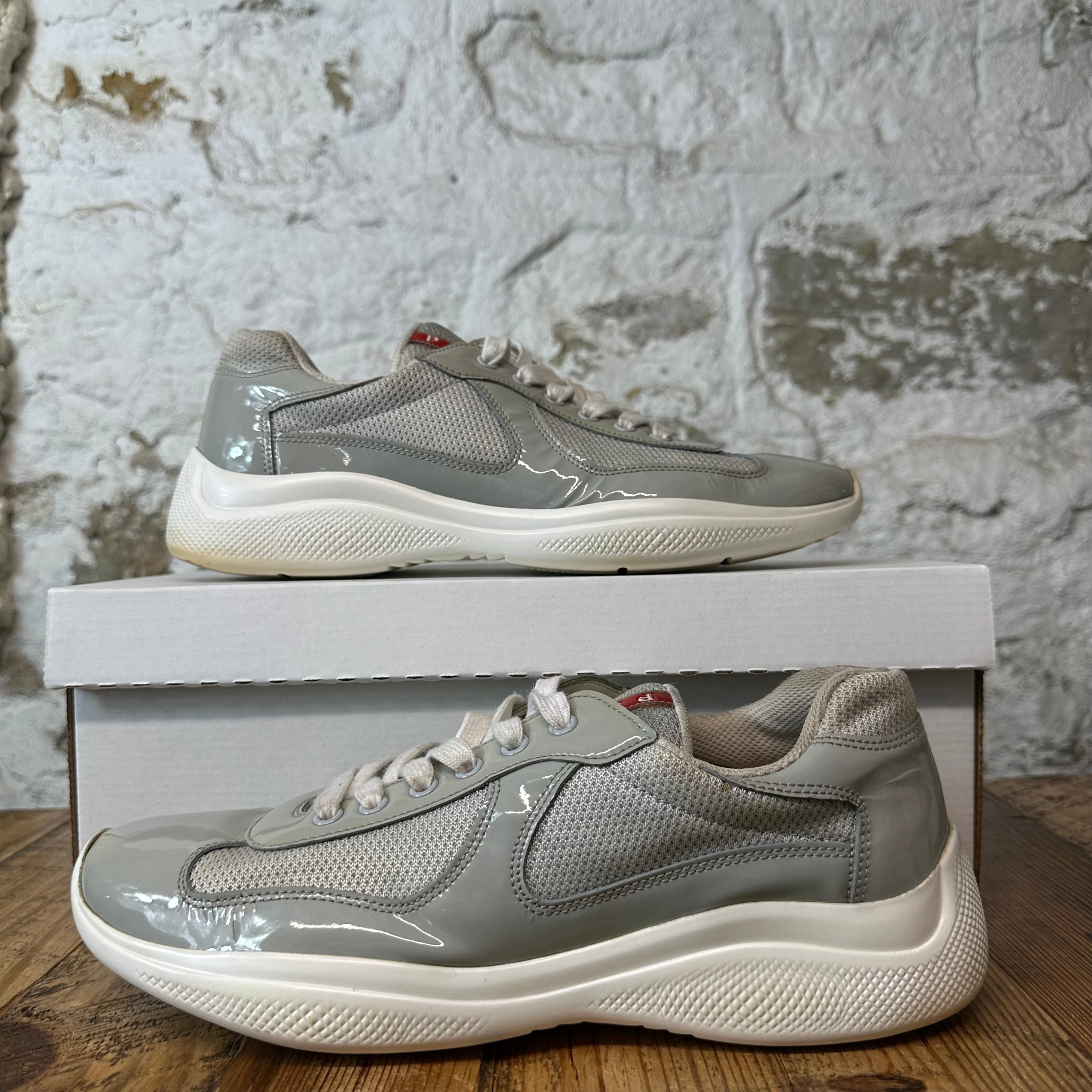 Prada Americas Cup Grey Patent White Sneaker Sz 7.5