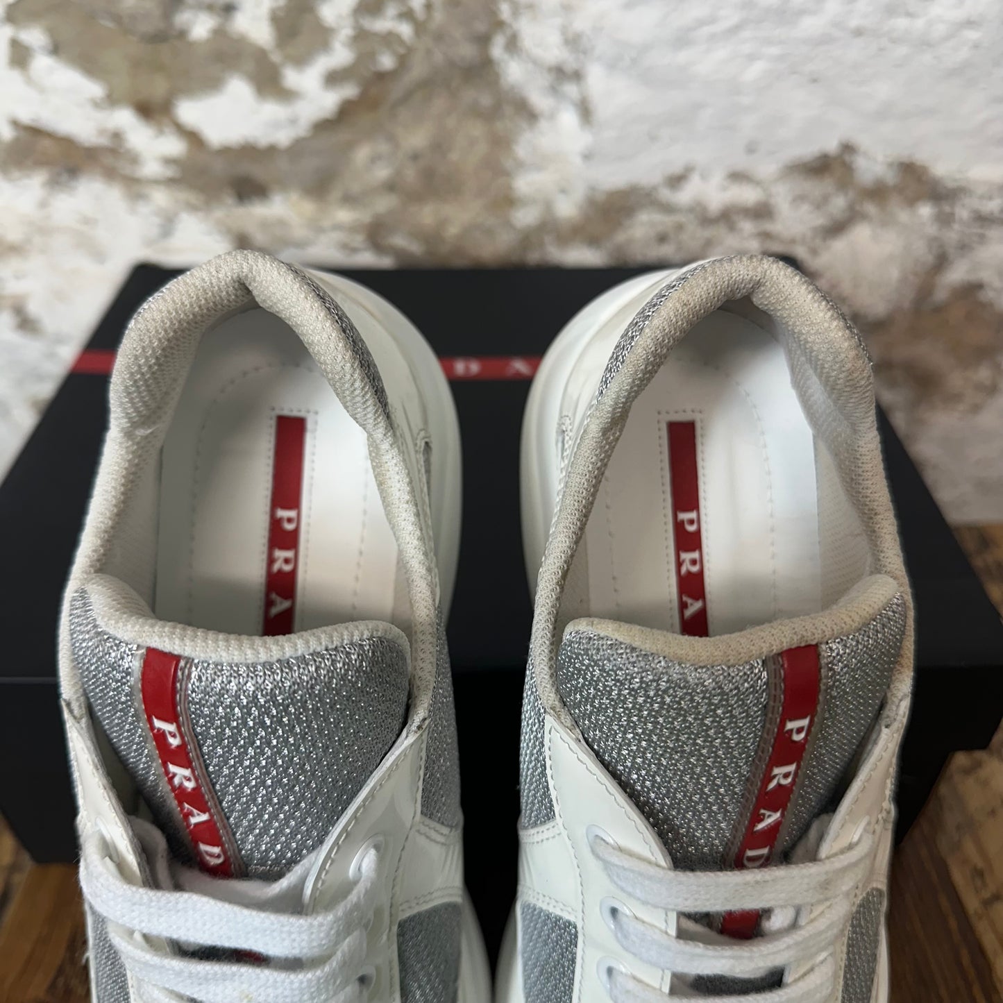 Prada Americas Cup White Patent Grey White Sneaker Sz 6 (38.5)