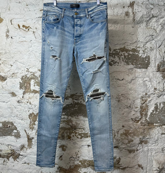 Amiri MX1 Camo Patch Light Blue Denim Jeans Sz 32