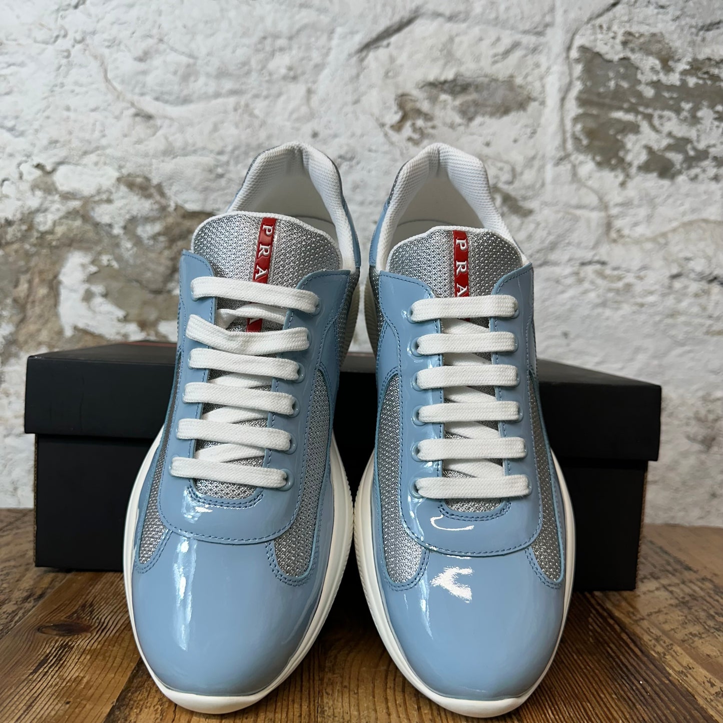 Prada Americas Cup Celeste Argento Patent Sneaker Sz 8 DS