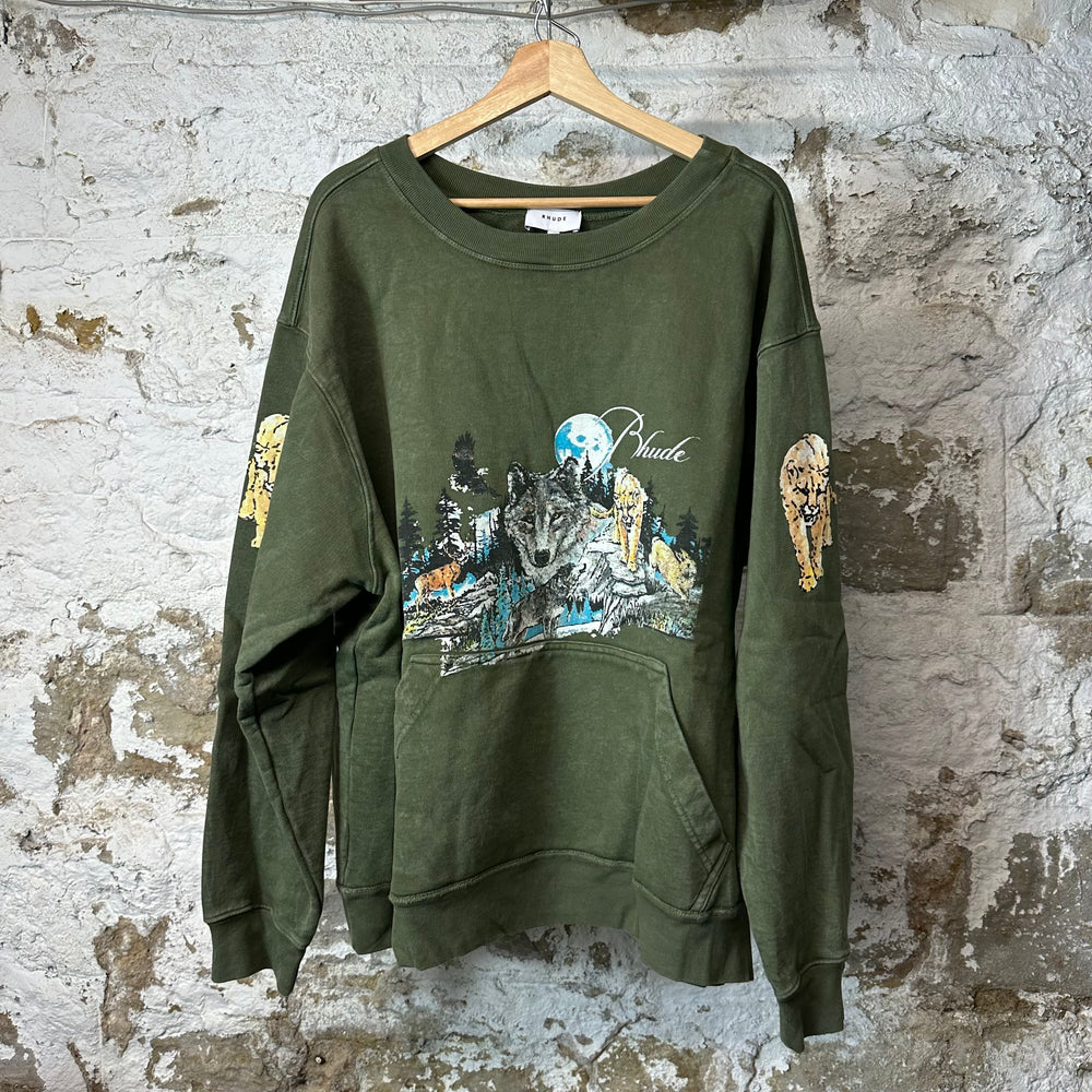 Rhude Nature Wolf Green Crewneck Sz XXL