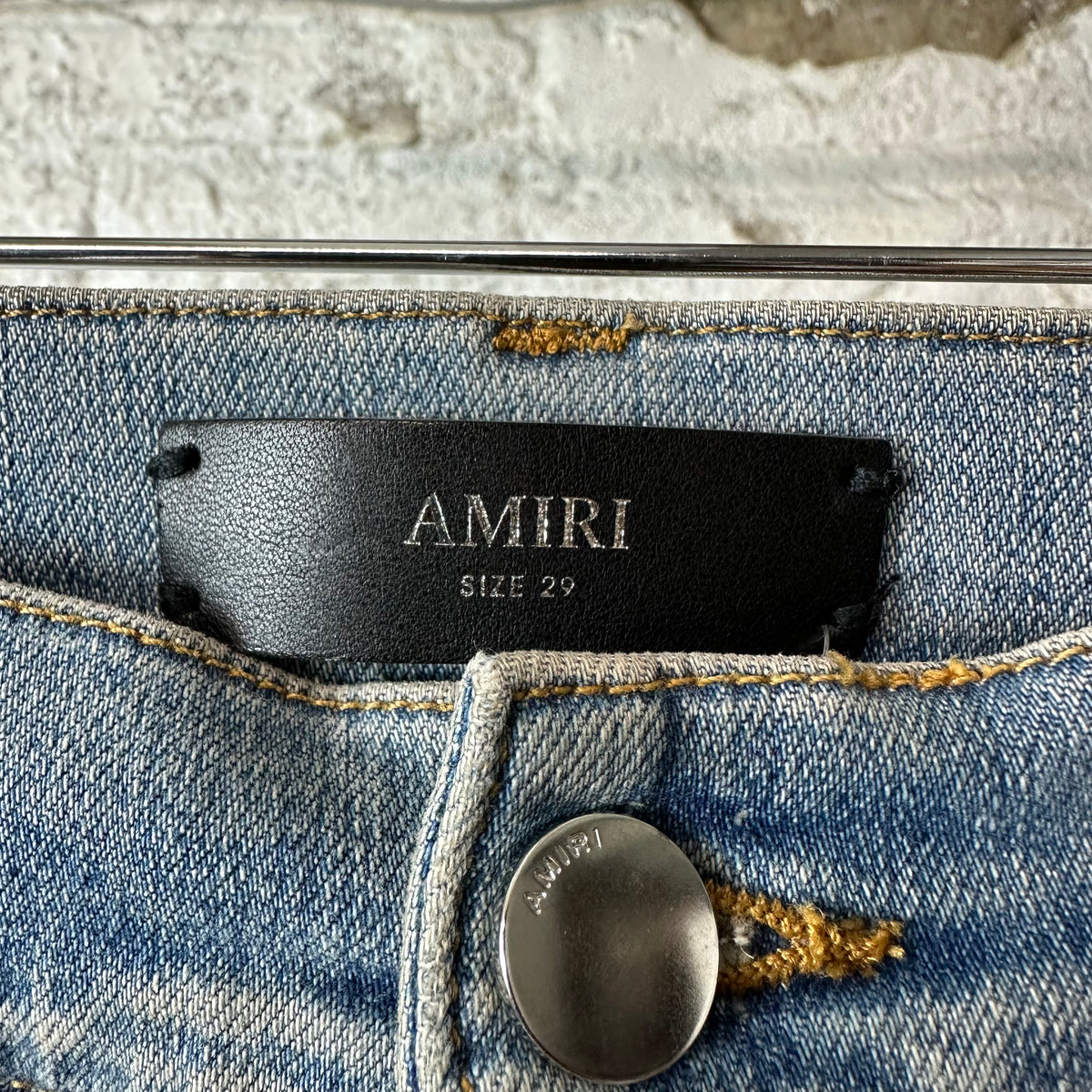 Amiri Black Leather Stagger Blue Denim Jeans Sz 29