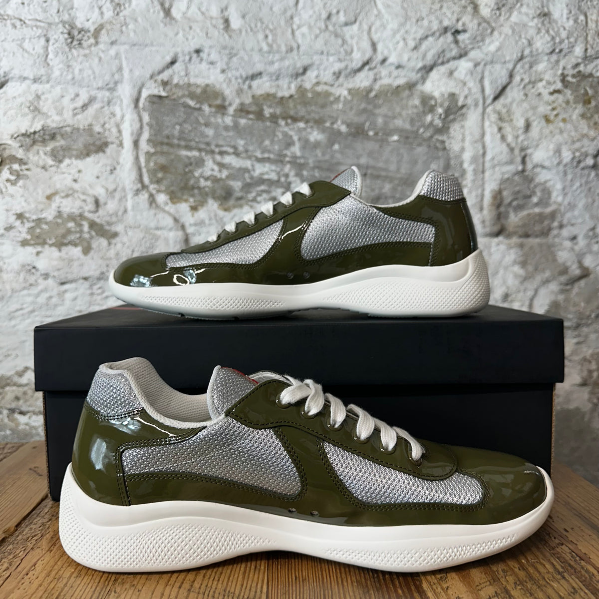 Prada Americas Cup Olive Patent Grey White Sneaker Sz 9