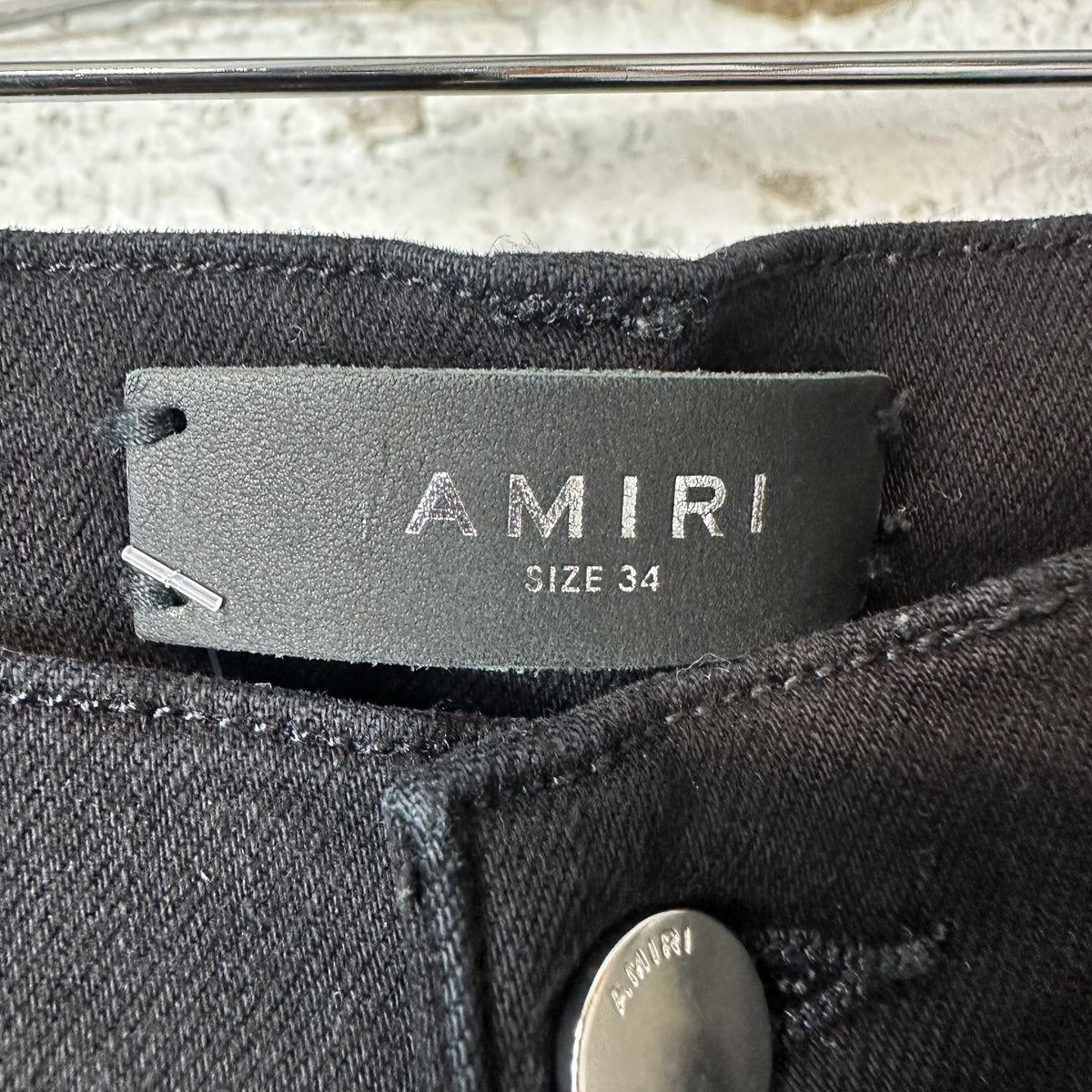 Amiri Leather Script Logo Black Denim Jeans Sz 34