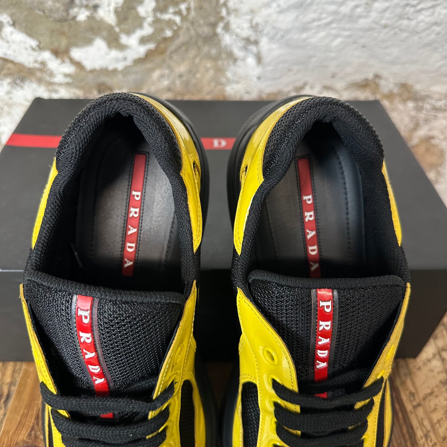 Prada Americas Cup Yellow Patent Black Sneaker Sz 8.5