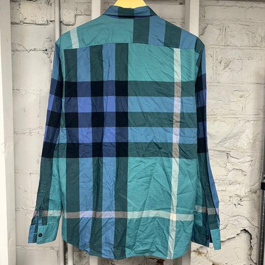 Burbery Blue Plaid Button Up Long Sleeve T-Shirt Sz L