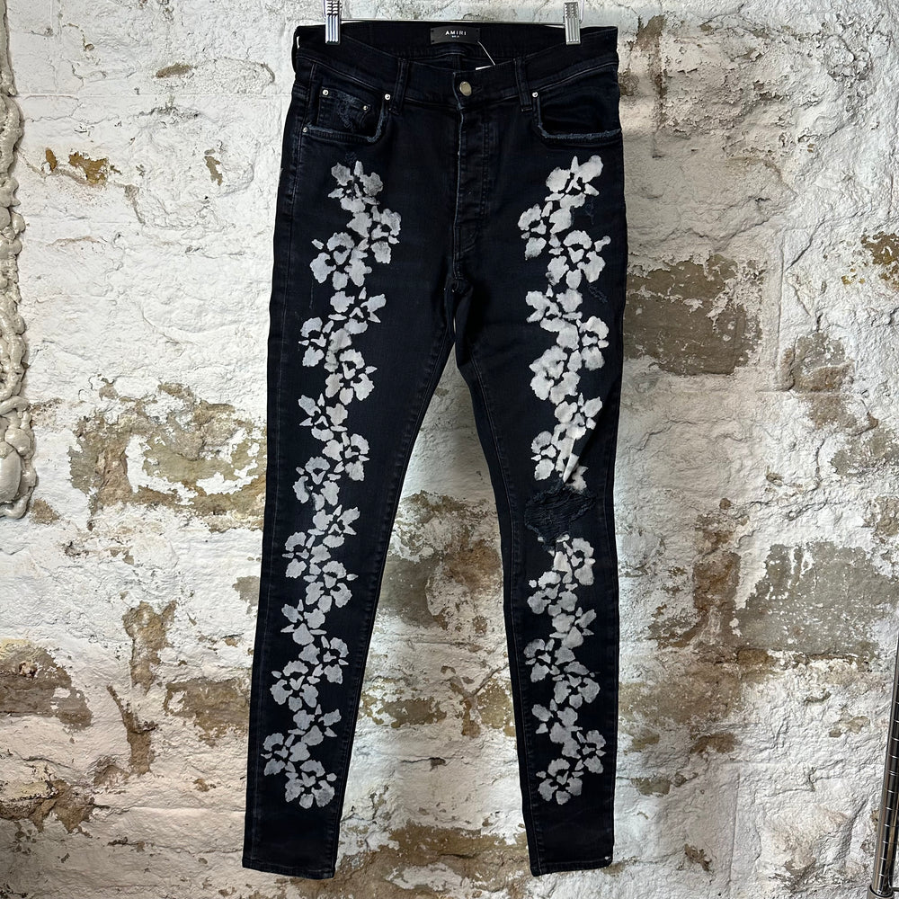 Amiri Hibiscus Flower Print Black Denim Jeans Sz 31