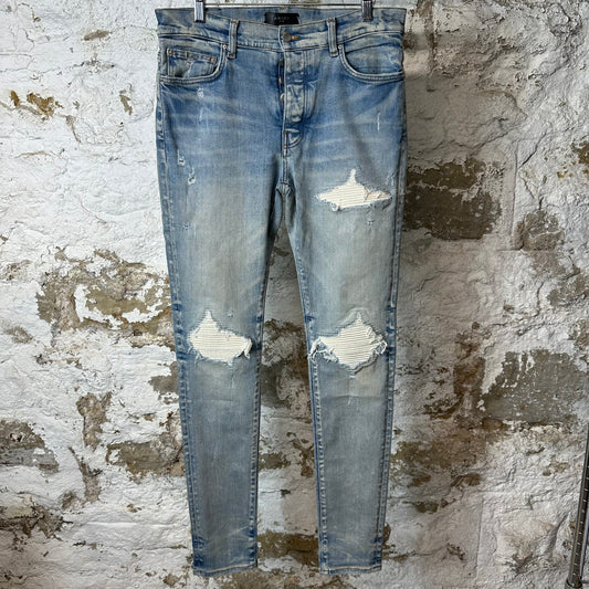 Amiri MX1 Cream Suede Blue Denim Jeans Sz 33