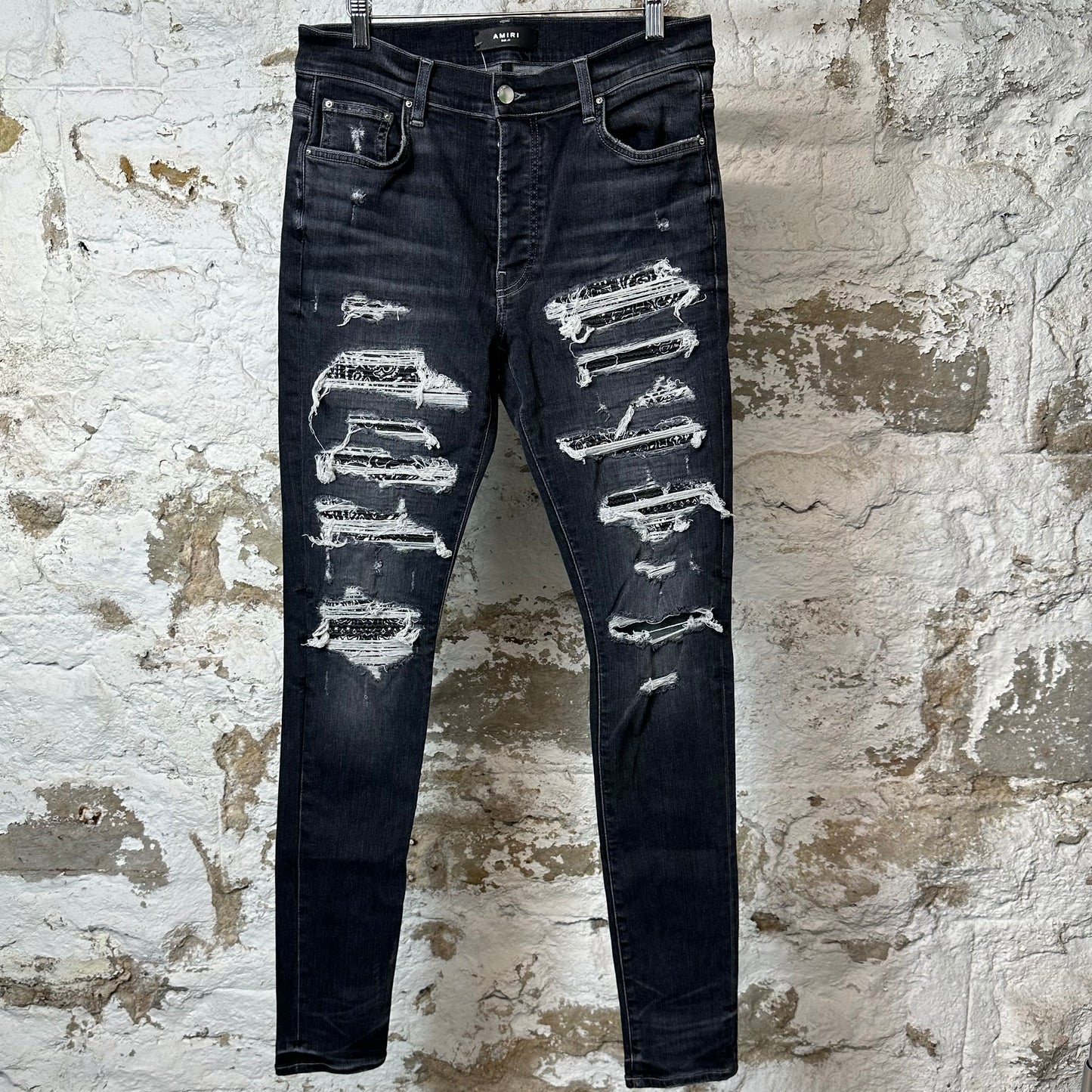 Amiri MX1 Black Paisley Grey Denim Jeans Sz 31