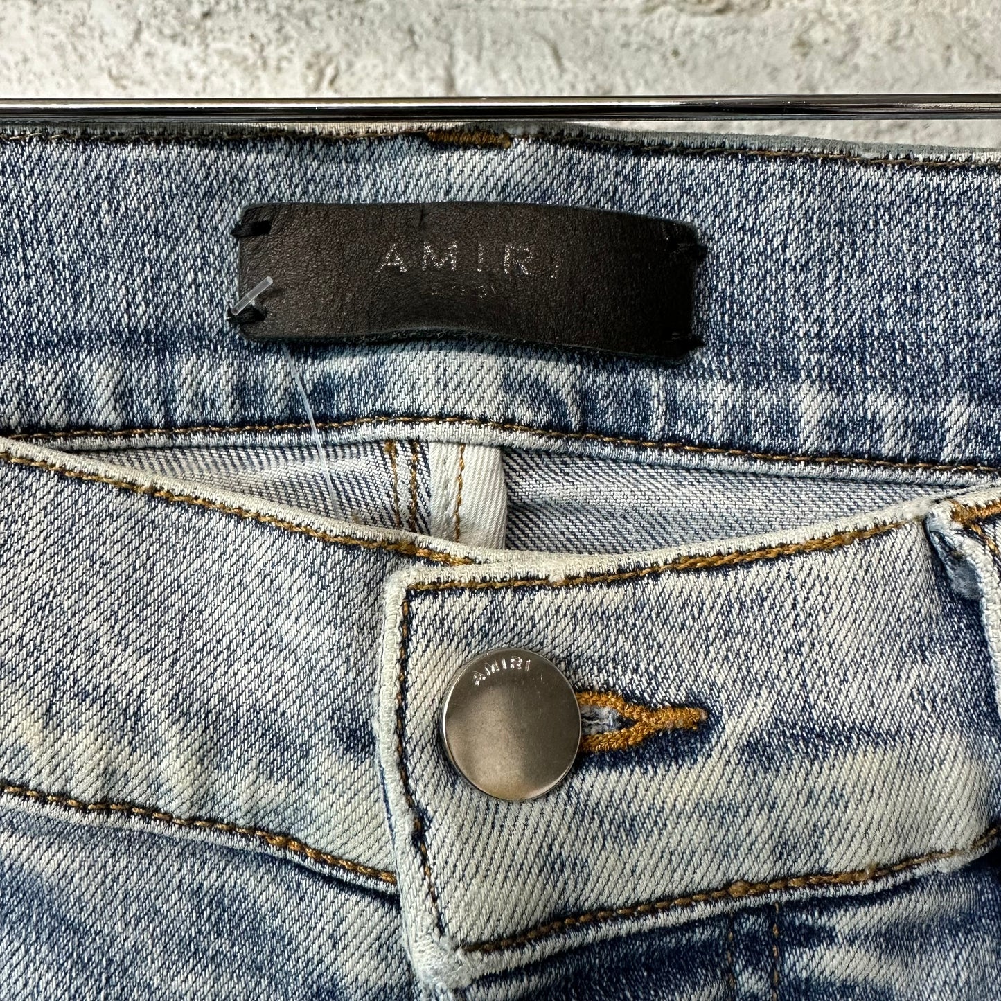 Amiri MX1 Black Leather Washed Blue Denim Jeans Sz 31