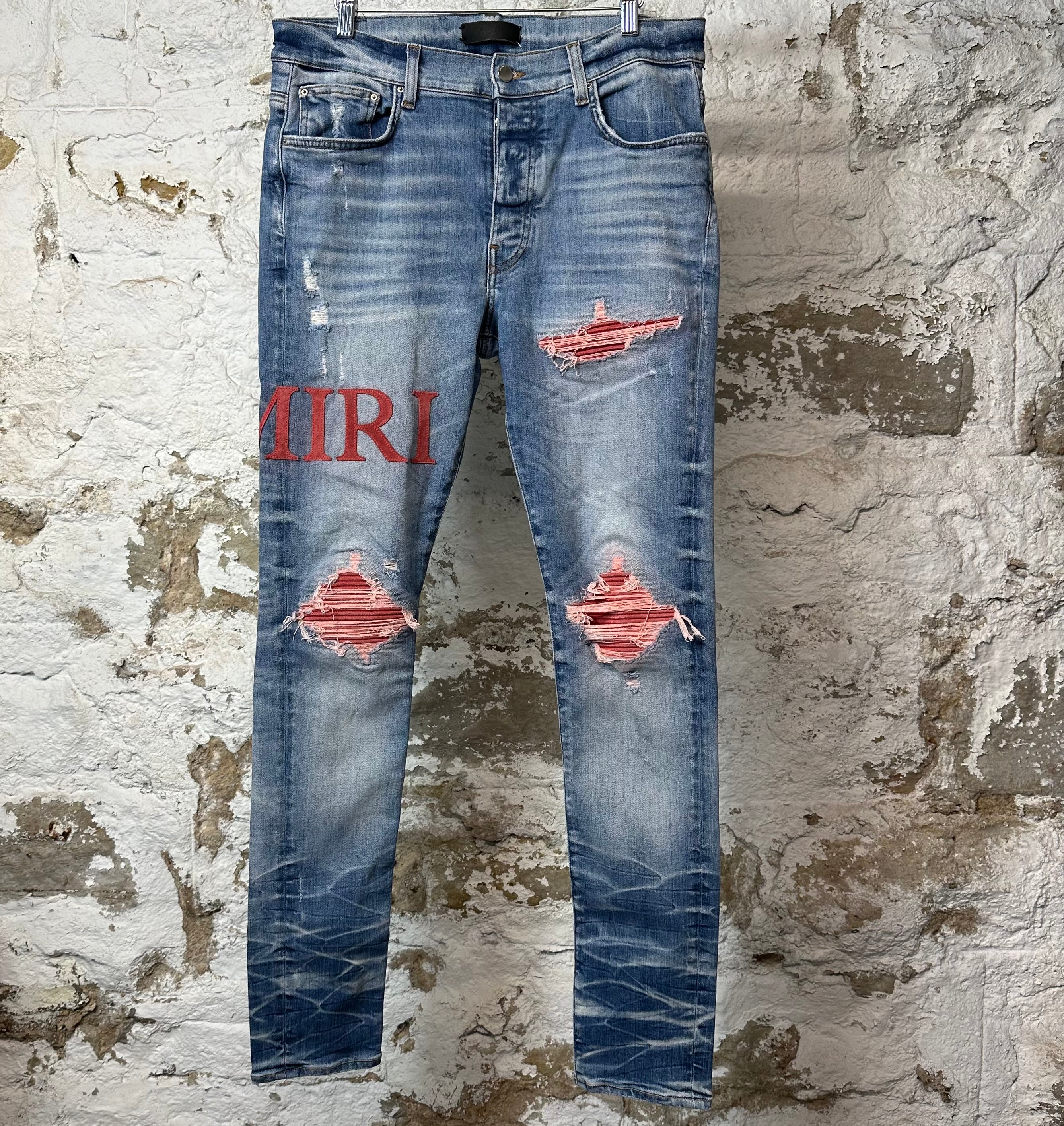 Amiri MX1 Red Suede Spell Blue Denim Jeans Sz 34 (Dried Suede)