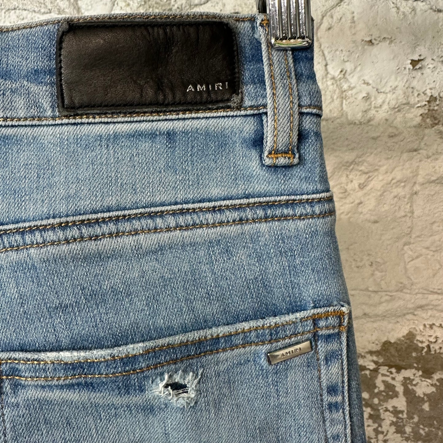 Amiri Distressed Side Spell Blue Denim Jeans Sz 30