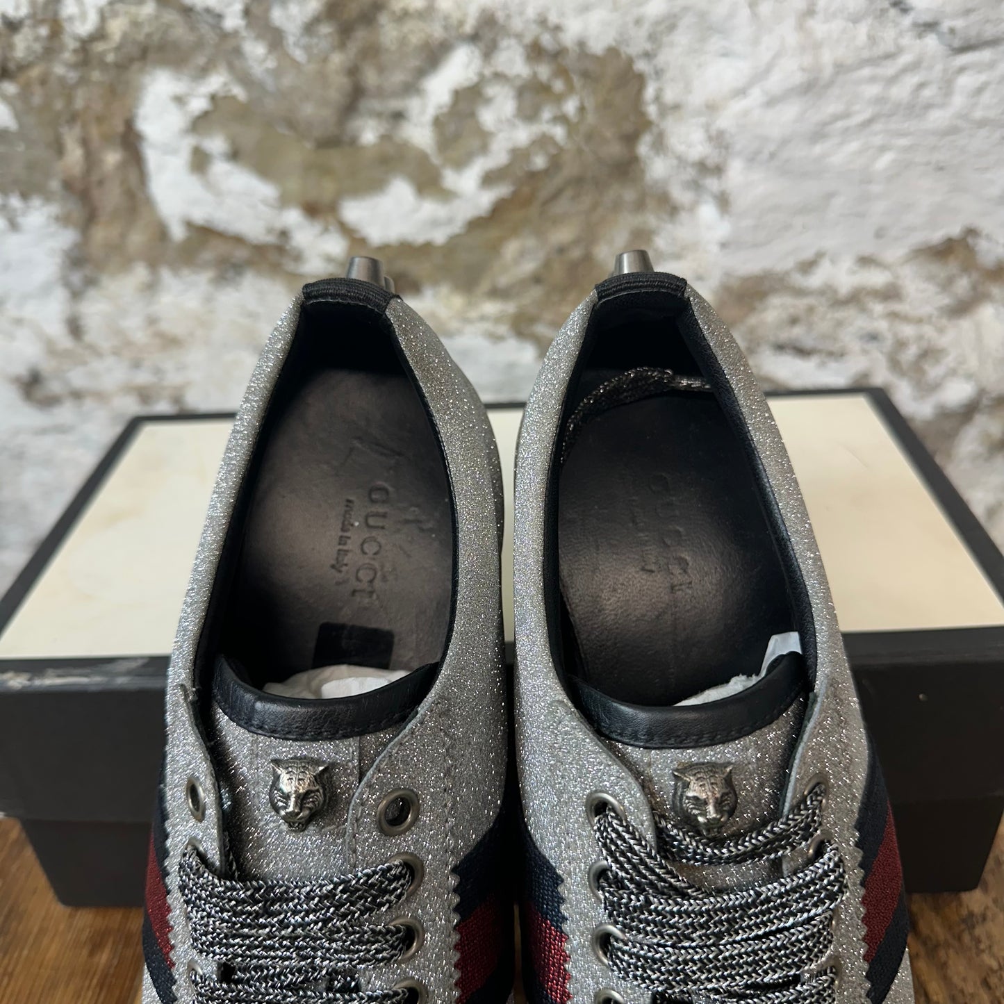 Gucci Bambi Web Silver Glitter Stud Sneaker Sz 6 (38.5)