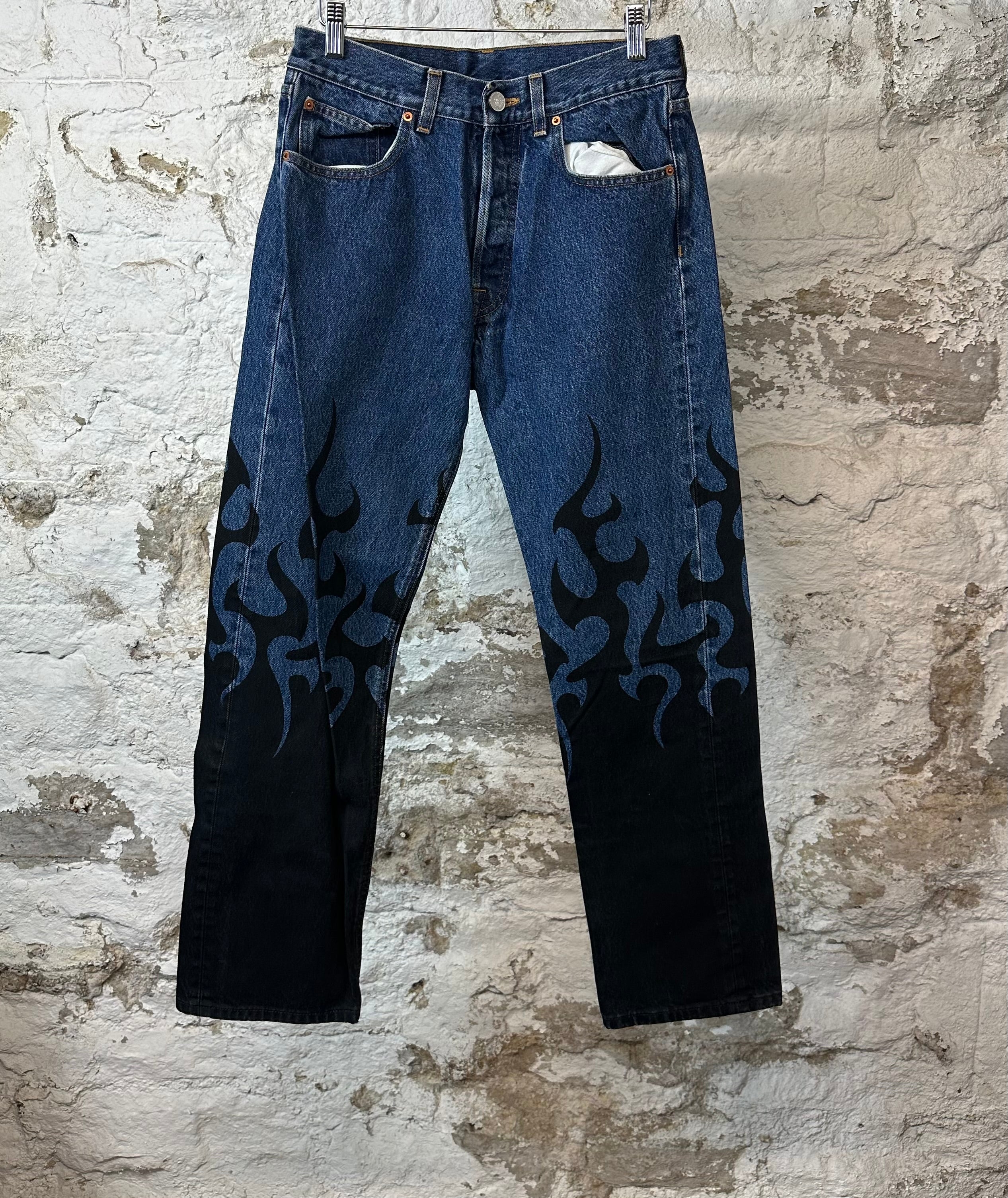 Vetements Black Flames Blue Denim Jeans Sz S