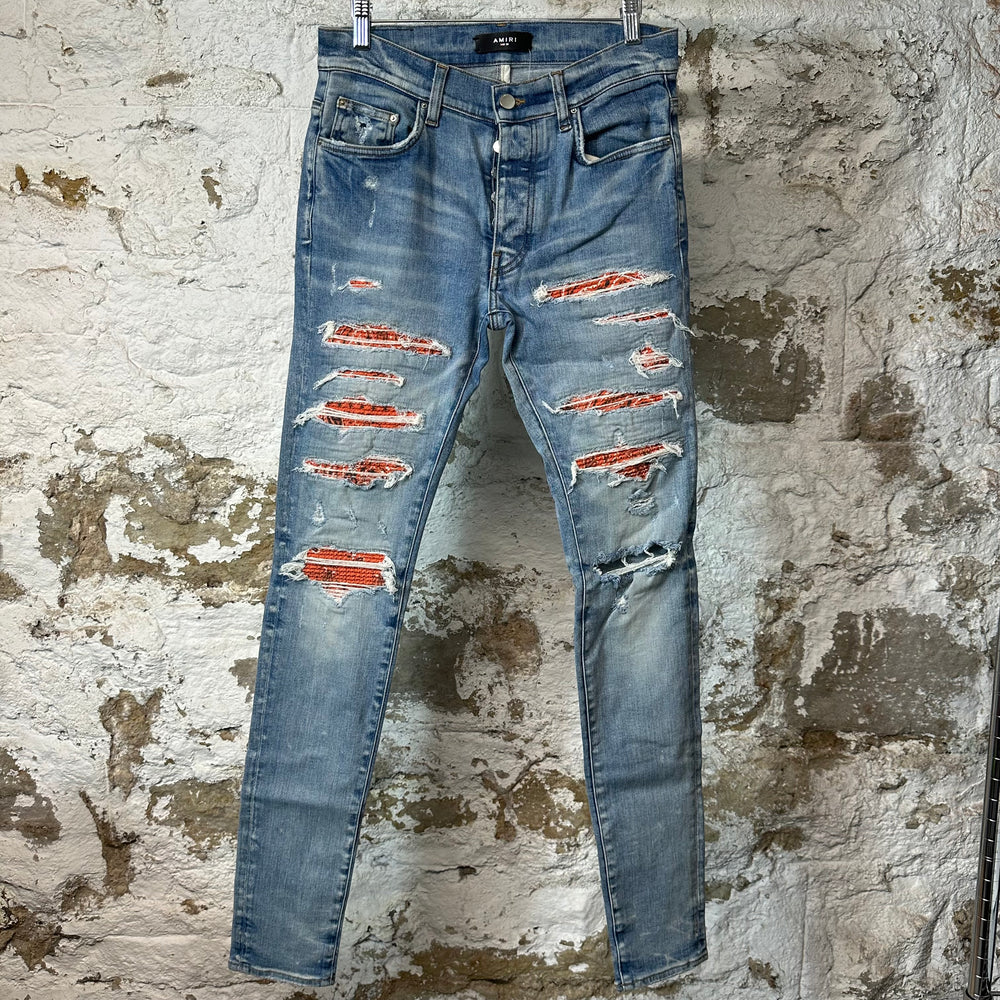 Amiri MX1 Orange Paisley Thrasher Blue Denim Jeans Sz 30