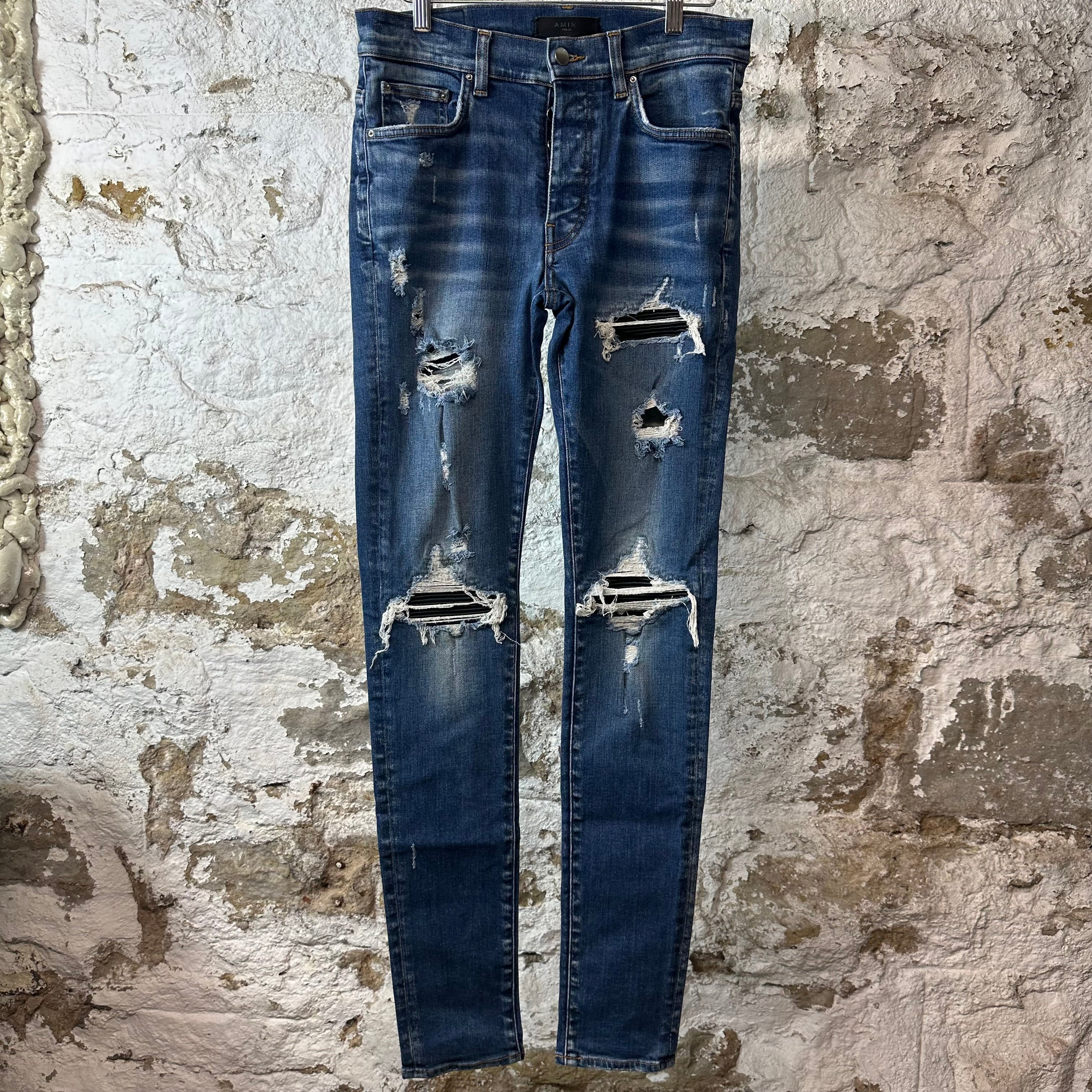 Amiri MX1 Black Leather Patch Dark Blue Denim Jeans Sz 31