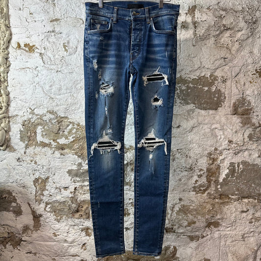 Amiri MX1 Black Leather Patch Dark Blue Denim Jeans Sz 31