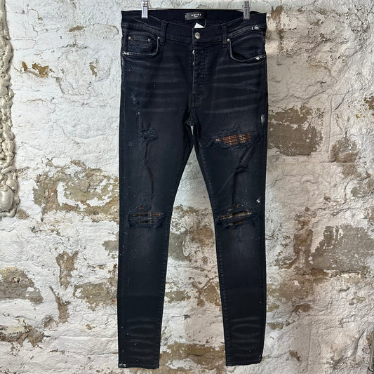 Amiri MX1 Brown Plaid Flannel Black Denim Jeans Sz 32