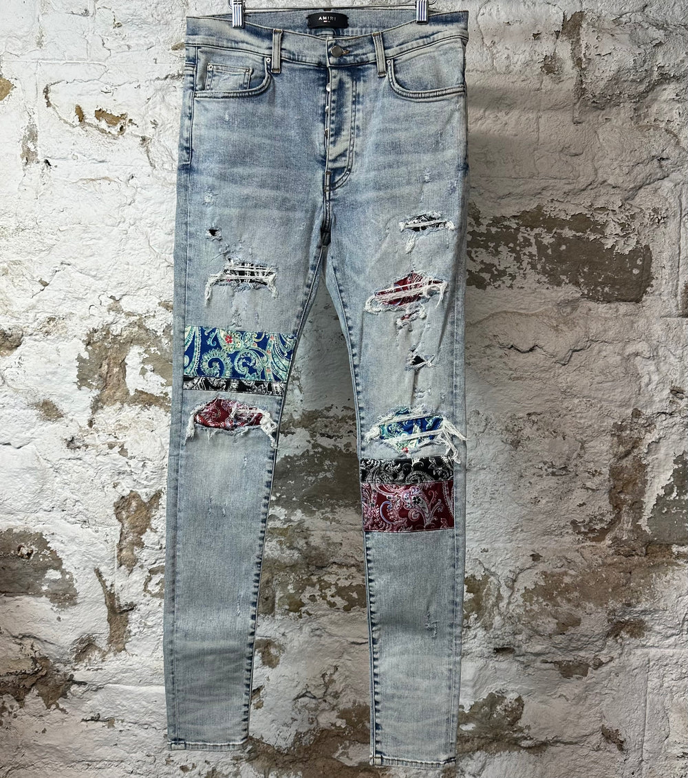 Amiri Multicolor Paisley Patches Washed Blue Denim Jeans Sz 34