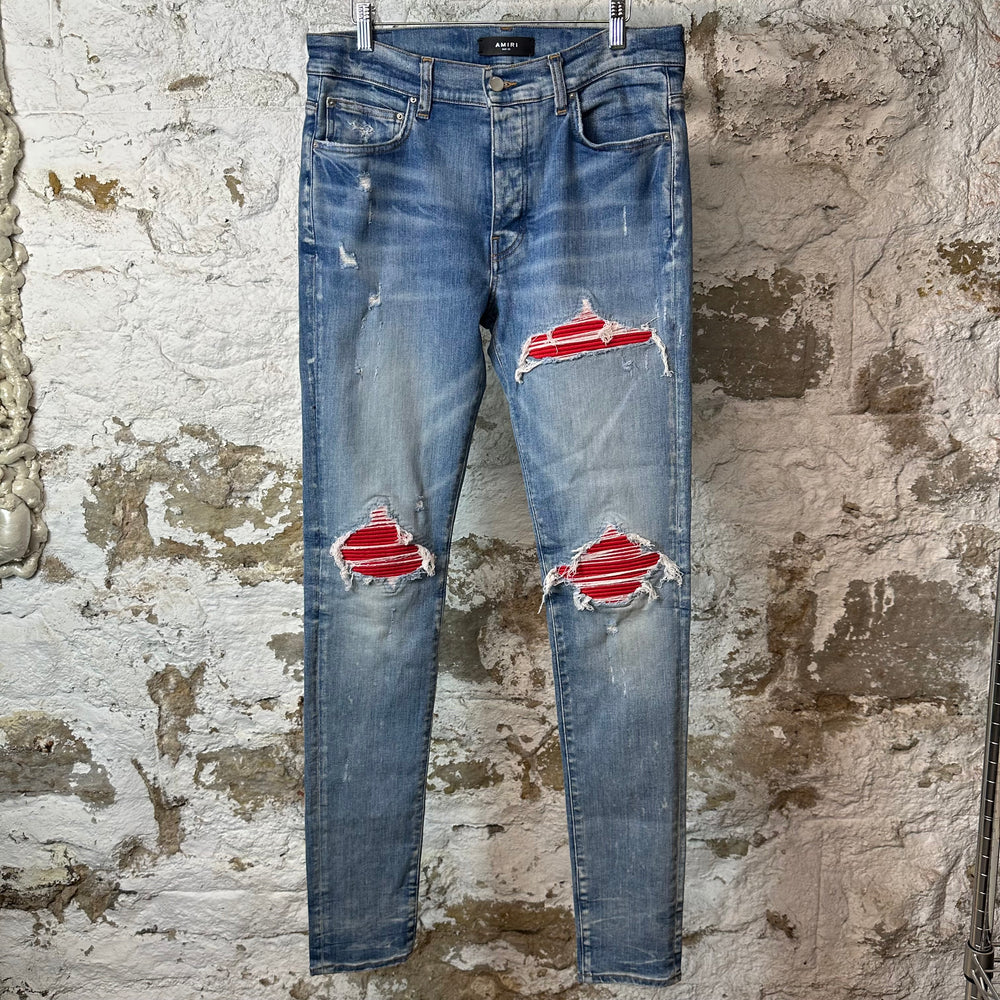 Amiri MX1 Red Suede Blue Denim Jeans Sz 33