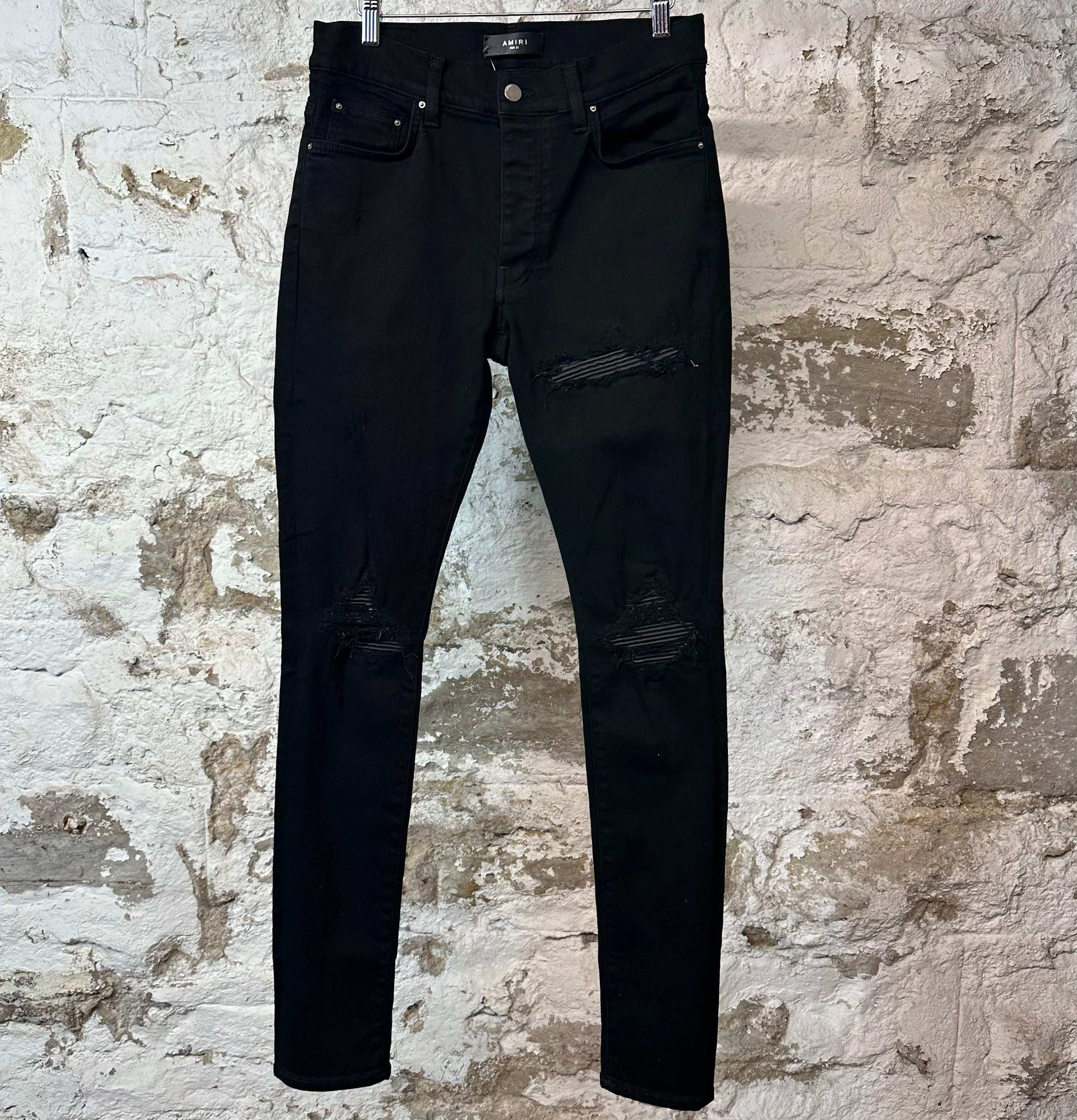 Amiri MX1 Black Leather Black Denim Jeans Sz 31