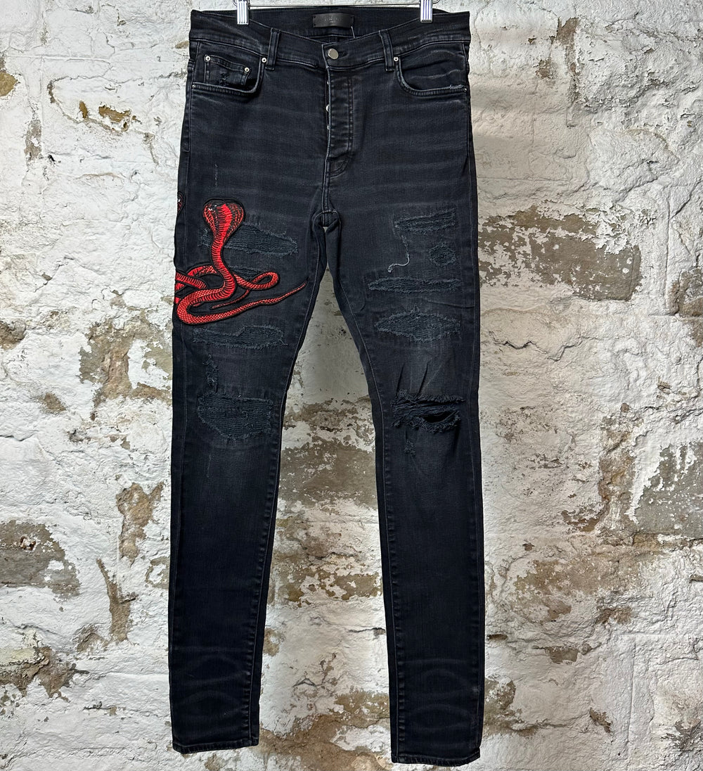 Amiri Red Cobra Black Denim Jeans Sz 32