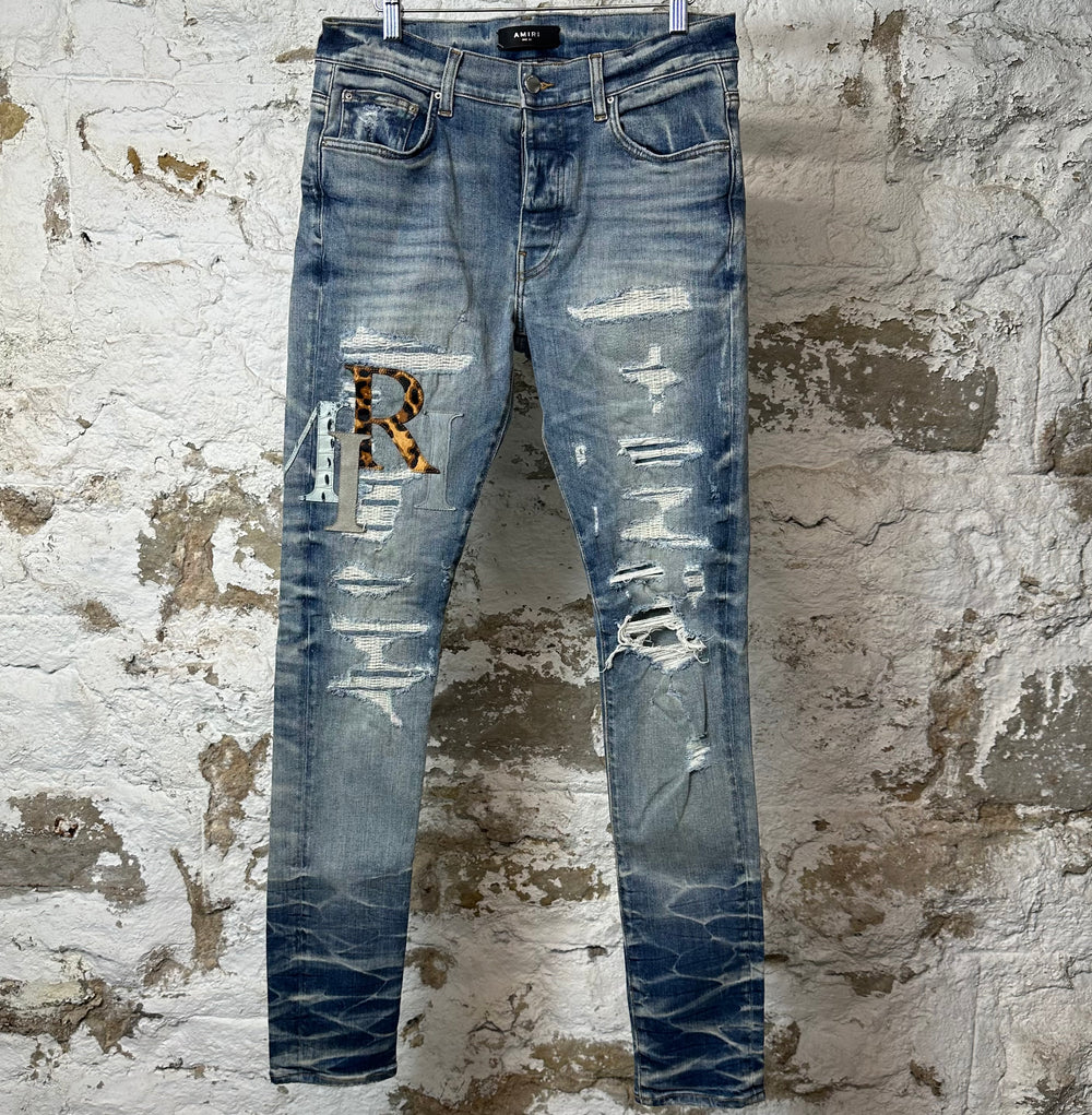 Amiri Leather Stagger Spell Distressed Blue Denim Jeans Sz 31