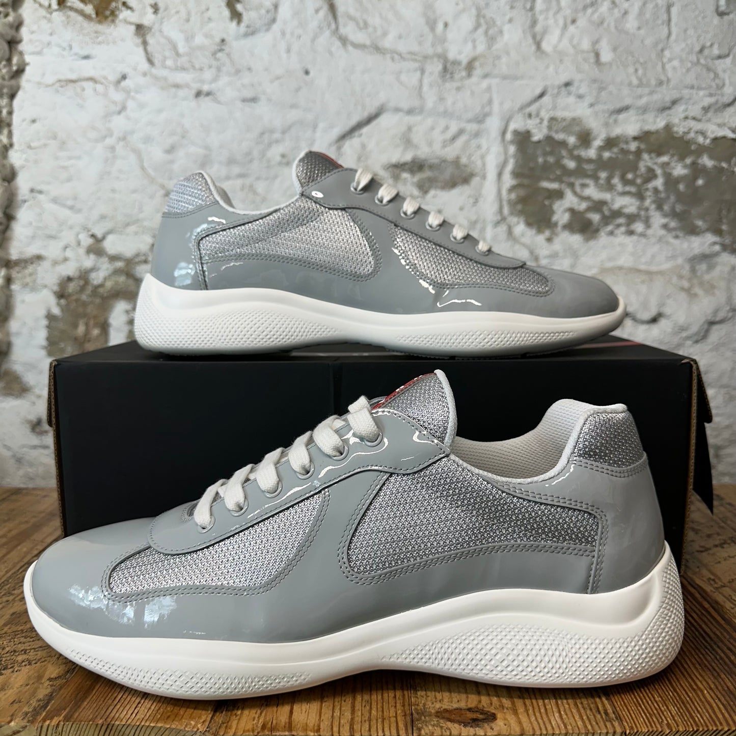 Prada Americas Cup Grey Patent White Sneaker Sz 11