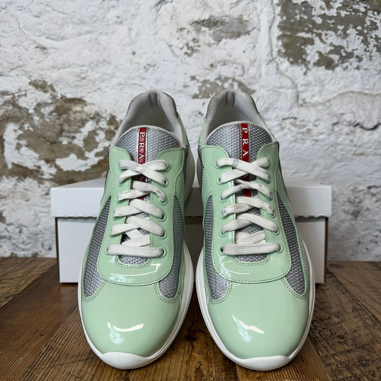 Prada Americas Cup Mint Patent White Sneaker Sz 8.5 No Box